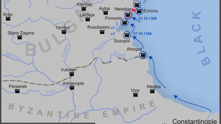 КАРТА НА КАМПАНИЯТА на граф Амадей срещу Българското черноморие