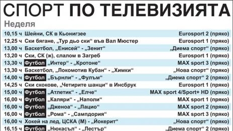 Спортът по телевизията в неделя