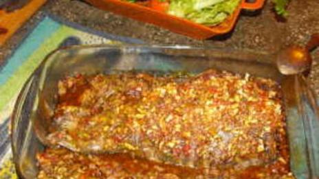 Пълнен шаран с дробчета, праз лук и ориз