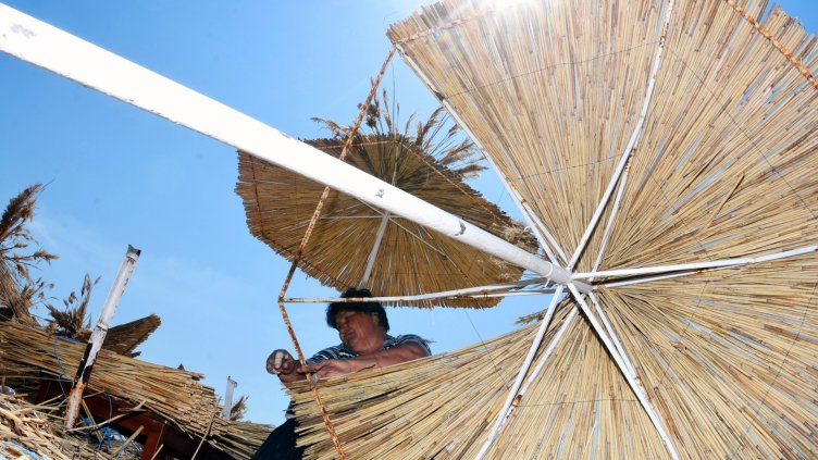 Майстори плетат чадъри от тръстика на плажа във Варна (СНИМКИ)