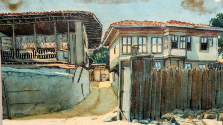 УЛИЦА В СТАРАТА ЧАСТ НА ВАРНА, рисунка на инж. геометъра Индржих Кноб.