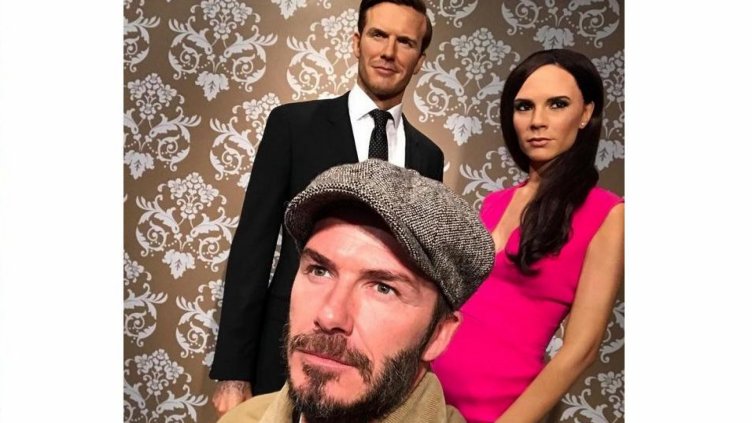 Бекъм се снима с восъчния си двойник