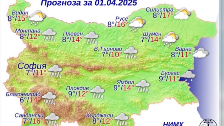 Април започва с облаци и дъжд