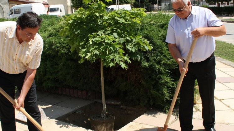 Кметовете на двете община  - Франтишек Жираски и Борислав Натов, засадиха пред читалището на Долни чифлик фиданка явор, редом до дръвчетата на другите побратимени на общината градове.