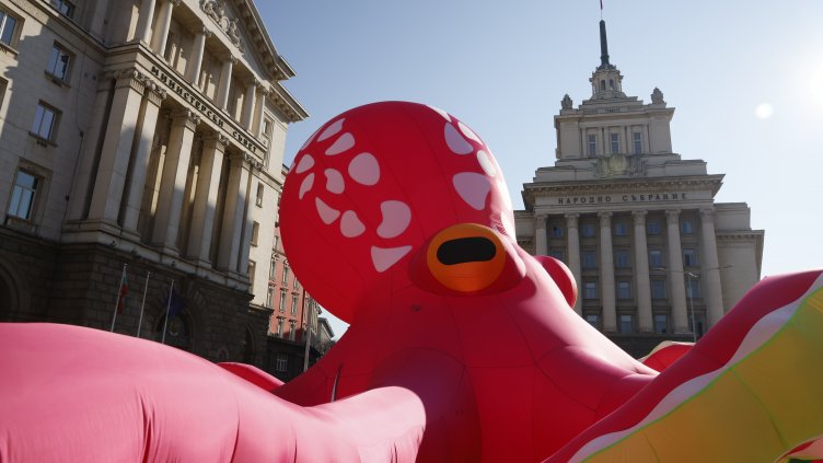 Октопод пред входа на Министерския съвет с призив за защита на океаните