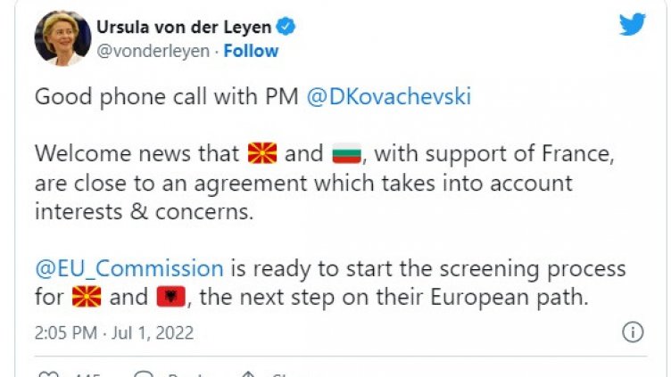 Урсула фон дер Лайен: България и Северна Македония са близо до споразумение