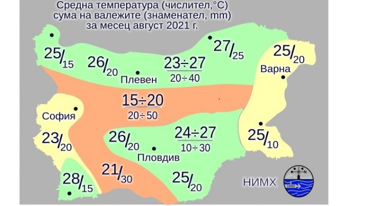 Месечната сума на валежите през август по морето - между 20 и 35 л/кв.м