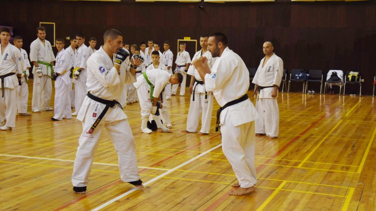 СЕНСЕЙ ЗАХАРИ ДАМЯНОВ (ВДЯСНО) лично показва част от техниките на националните състезатели.