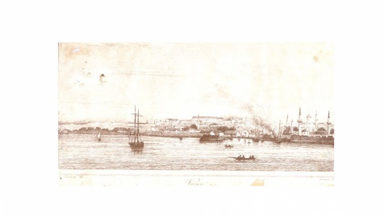 ВАРНА, 1878 Г., ПОГЛЕД ОТ МОРЕТО КЪМ СТАРАТА СГРАДА на пристанището, крепостната стена, крайбрежието и града.